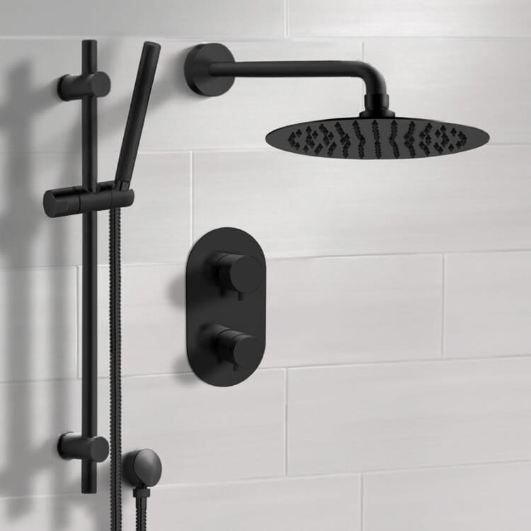 Matte Black Thermostatic Shower System with 10" Rain Shower Head and Hand Shower