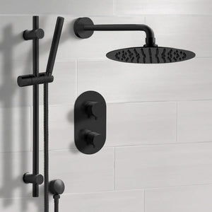 Matte Black Thermostatic Shower System with 12" Rain Shower Head and Hand Shower