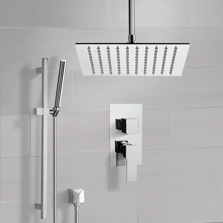 Chrome Ceiling Shower System With 12" Rain Shower Head and Hand Shower