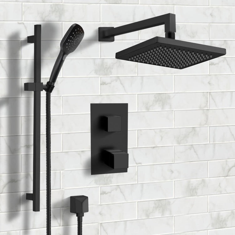 Matte Black Thermostatic Shower System with 8" Rain Shower Head and Hand Shower