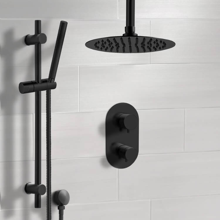 Matte Black Thermostatic Ceiling Shower System with 10" Rain Shower Head and Hand Shower