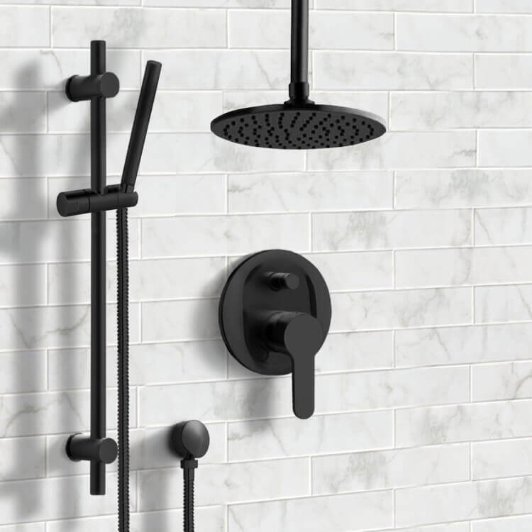 Matte Black Ceiling Shower System with 8" Rain Shower Head and Hand Shower