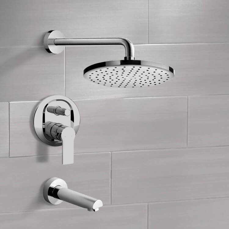 Chrome Tub and Shower Faucet Set With 12" Rain Shower Head