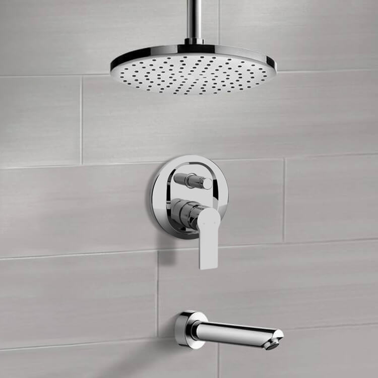 Chrome Tub and Shower Faucet Set With Rain Ceiling Shower Head