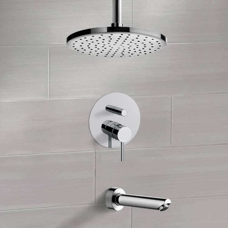 Chrome Tub and Shower Faucet Set With 12" Rain Ceiling Shower Head