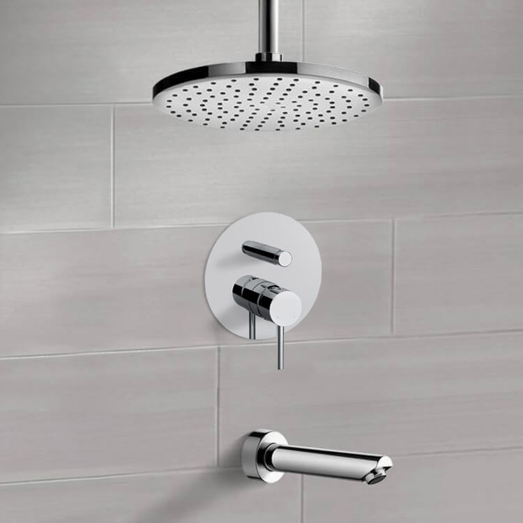 Chrome Tub and Shower Faucet Set With 8" Rain Ceiling Shower Head