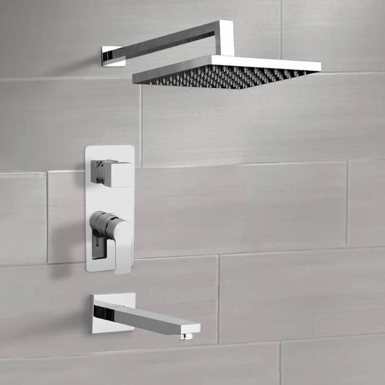 Chrome Tub and Shower Faucet Set With Rain Shower Head