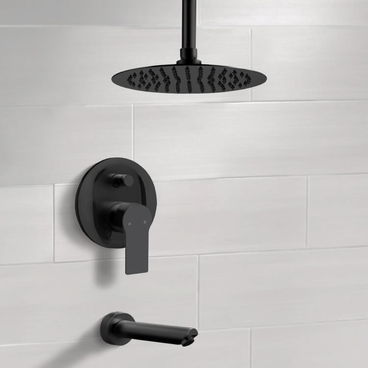 Matte Black Tub and Shower Faucet Set With Rain Ceiling Shower Head