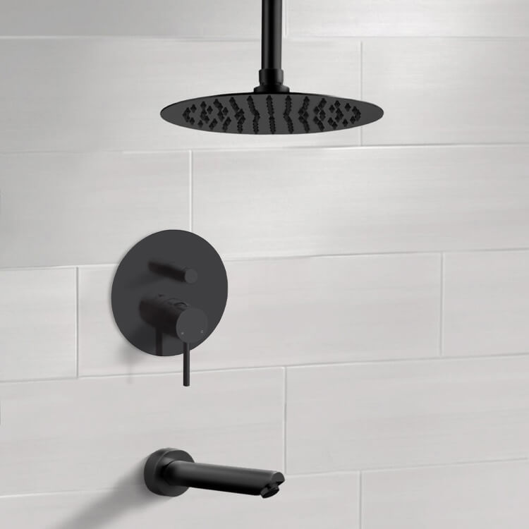 Matte Black Tub and Shower Faucet Set With Rain Ceiling Shower Head