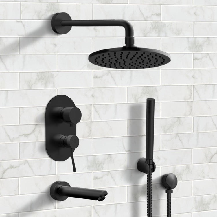 Matte Black Tub and Shower System with 8" Rain Shower Head and Hand Shower
