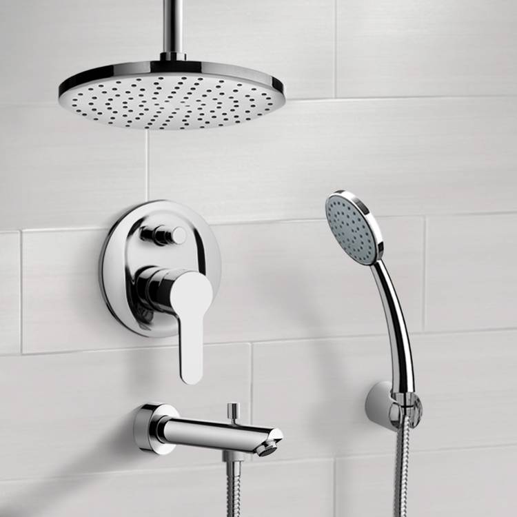 Chrome Tub and Shower System with Rain Ceiling Shower Head and Hand Shower