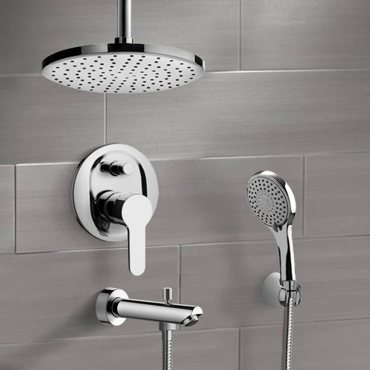 Chrome Tub and Shower Set with Rain Ceiling Shower Head and Hand Shower