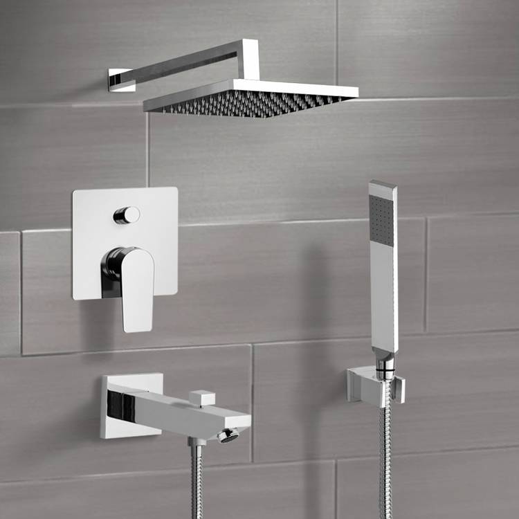 Chrome Tub and Shower System with 12" Rain Shower Head and Hand Shower