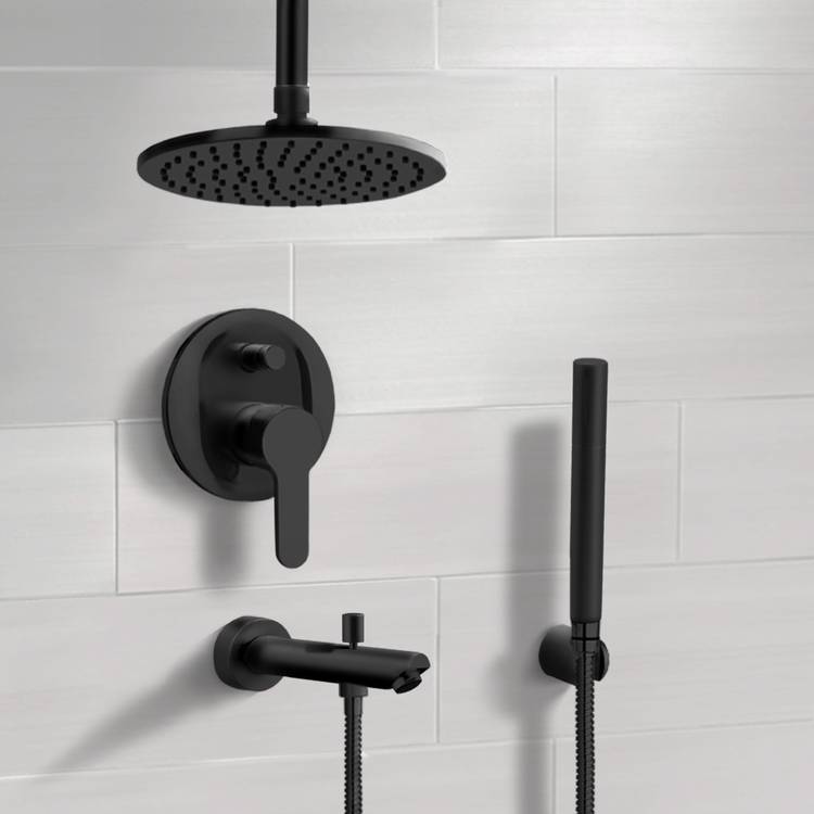 Matte Black Tub and Shower Set with 8" Rain Ceiling Shower Head and Hand Shower