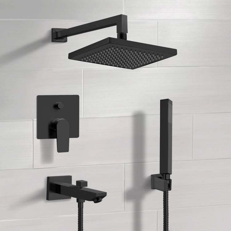 Matte Black Tub and Shower Set with 8" Rain Shower Head and Hand Shower