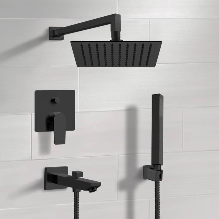 Matte Black Tub and Shower Set with 10" Rain Shower Head and Hand Shower