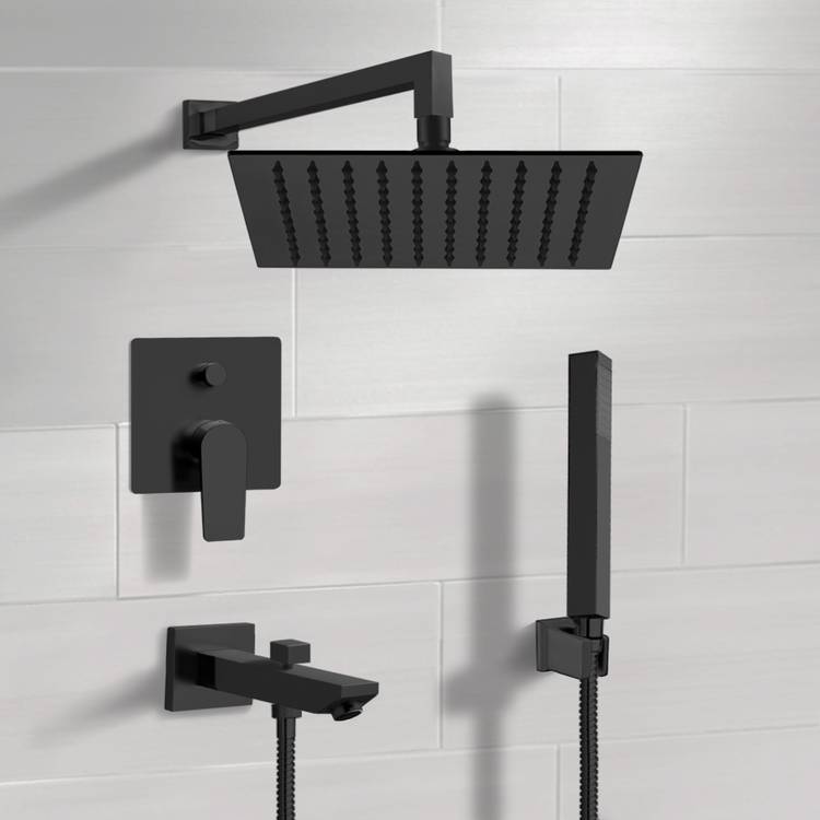 Matte Black Tub and Shower Set with 12" Rain Shower Head and Hand Shower