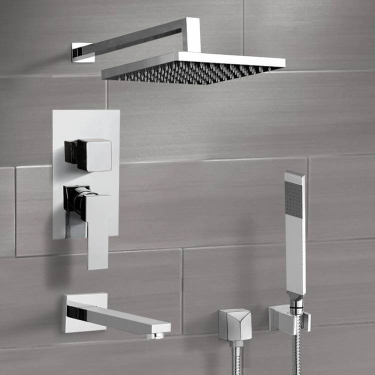 Chrome Tub and Shower Faucet Set with 8" Rain Shower Head and Hand Shower