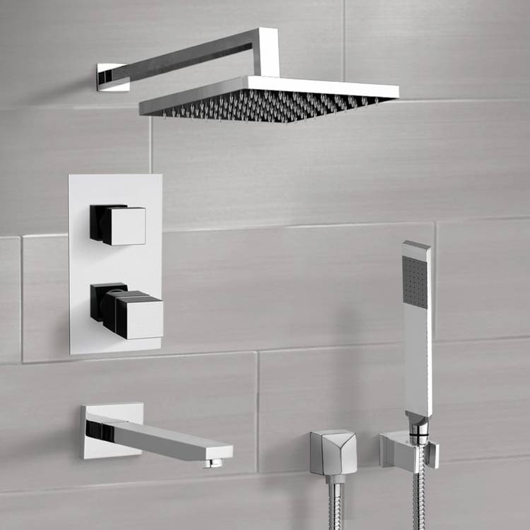 Chrome Thermostatic Tub and Shower Faucet Set with 10" Rain Shower Head and Hand Shower