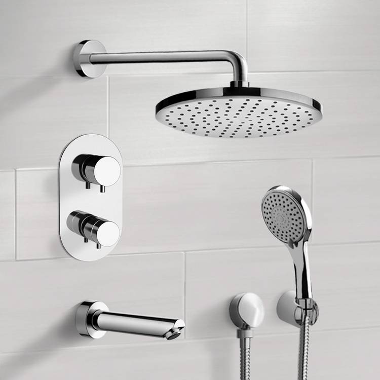 Chrome Thermostatic Tub and Shower System with Rain Shower Head and Hand Shower