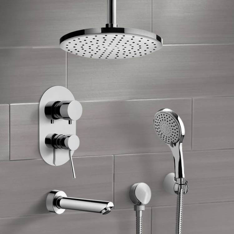 Chrome Tub and Shower Set with 12" Ceiling Rain Shower Head and Hand Shower