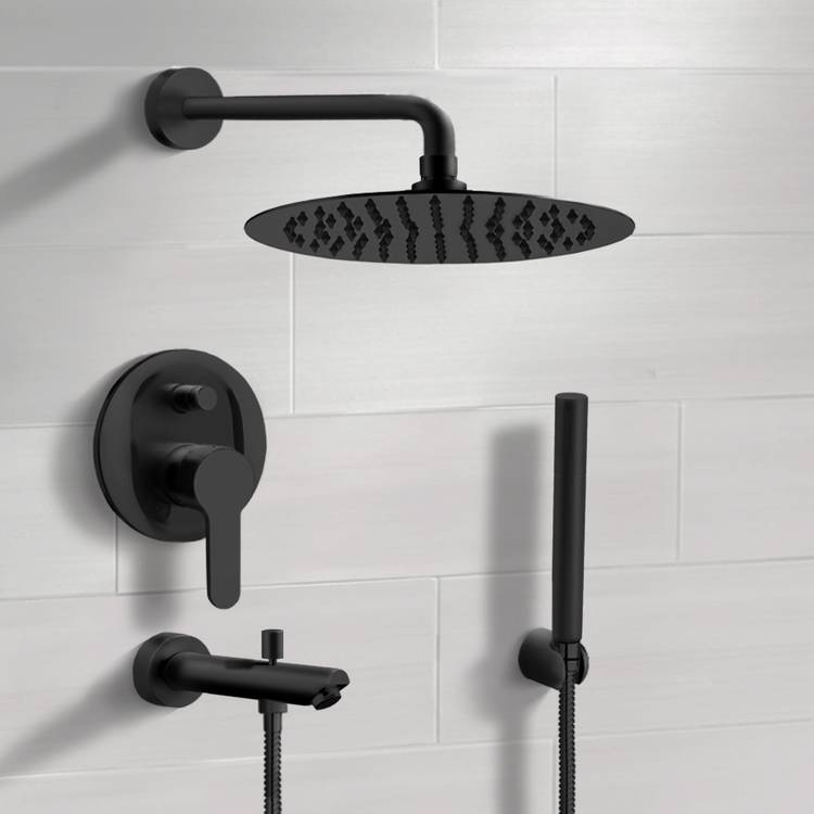 Matte Black Tub and Shower System With 12" Rain Shower Head and Hand Shower