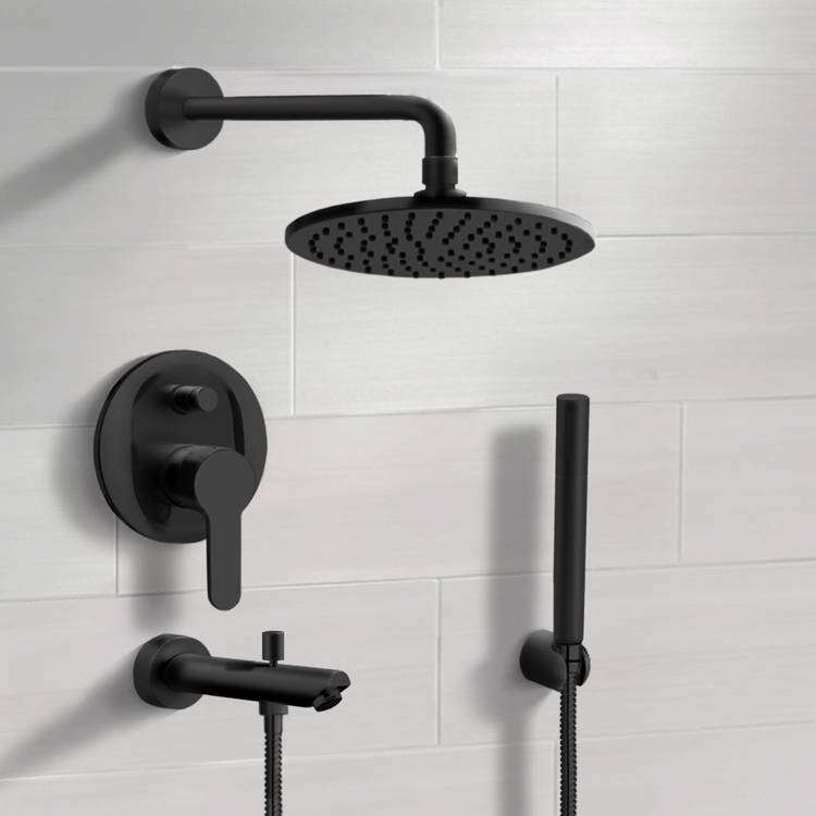 Matte Black Tub and Shower Faucet With 8" Rain Shower Head and Hand Shower