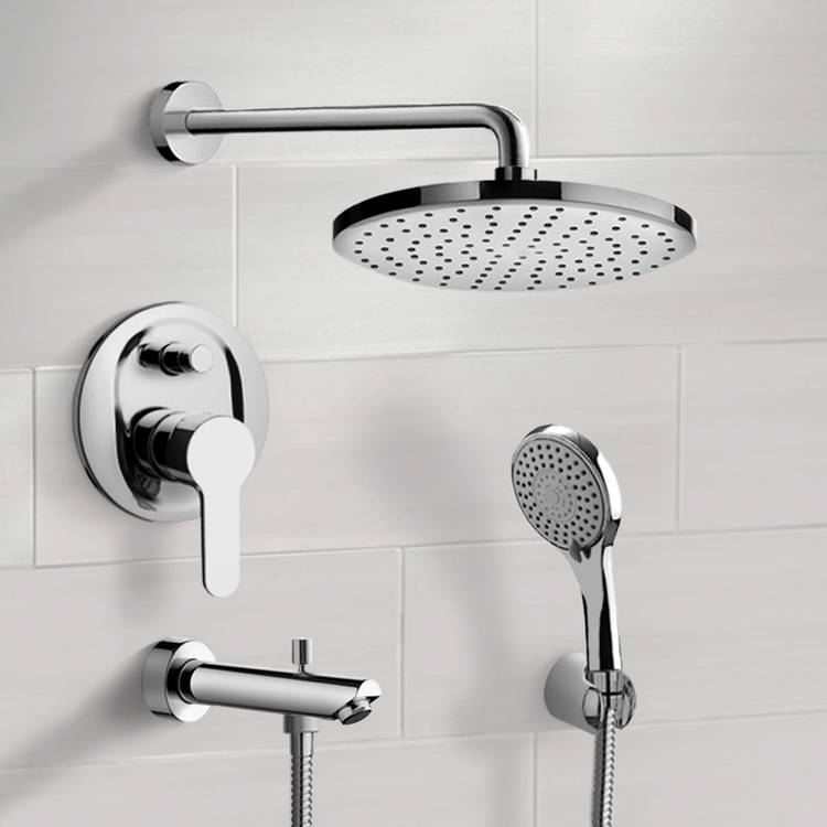 Chrome Tub and Shower Faucet With Rain Shower Head and Hand Shower