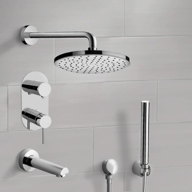 Chrome Tub and Shower System With 12" Rain Shower Head and Hand Shower