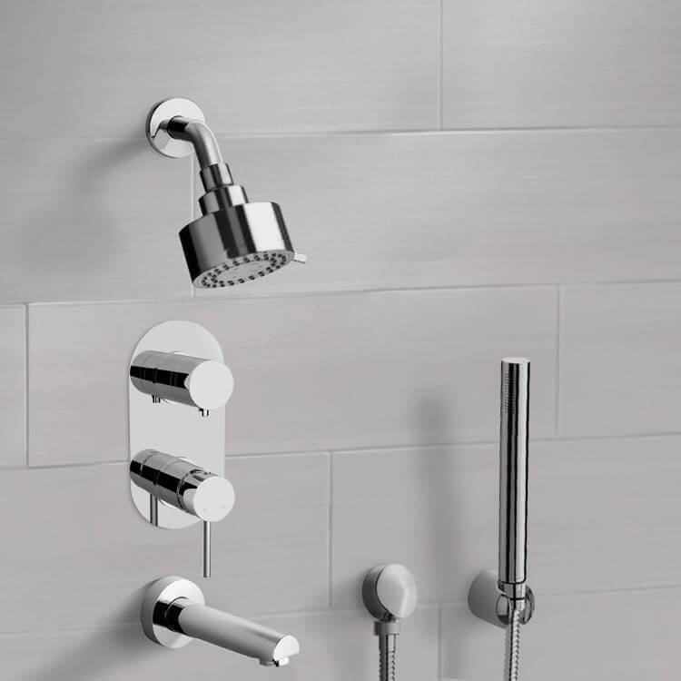Chrome Tub and Shower System with Multi Function Shower Head and Hand Shower