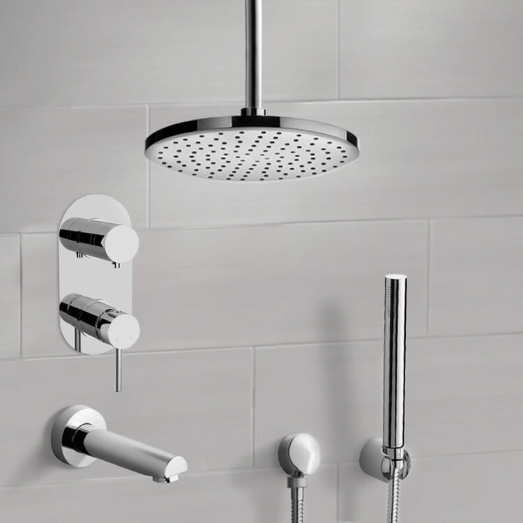 Chrome Tub and Shower System With 10" Rain Ceiling Shower Head and Hand Shower