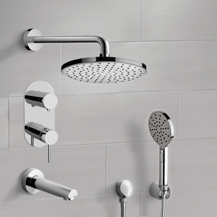 Chrome Tub and Shower System With 12" Rain Shower Head and Hand Shower