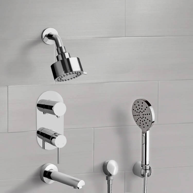 Chrome Tub and Shower System with Multi Function Shower Head and Hand Shower