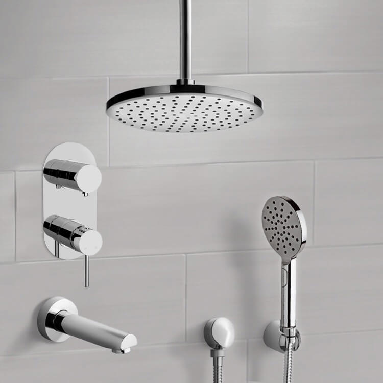 Chrome Tub and Shower System With 10" Rain Ceiling Shower Head and Hand Shower