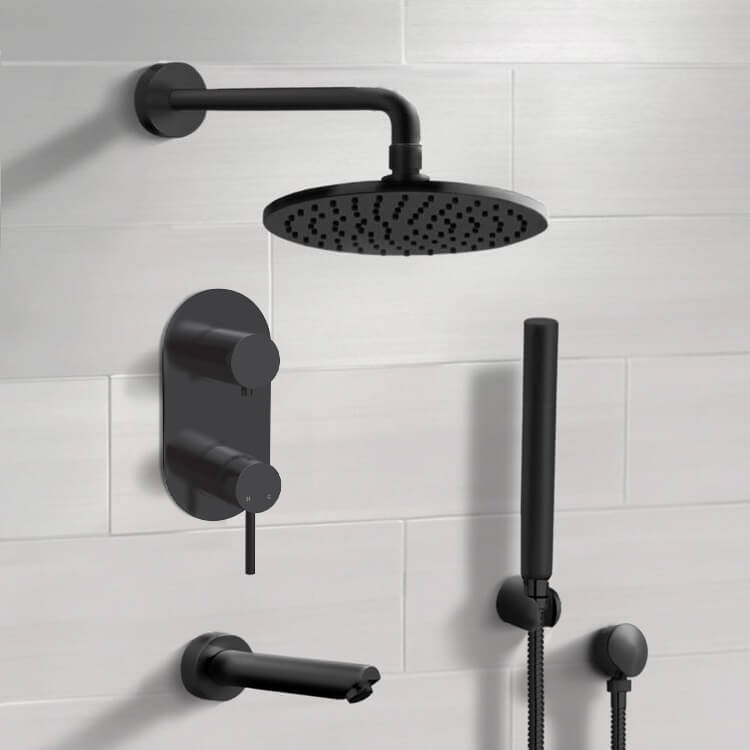 Matte Black Tub and Shower System With 8" Rain Shower Head and Hand Shower