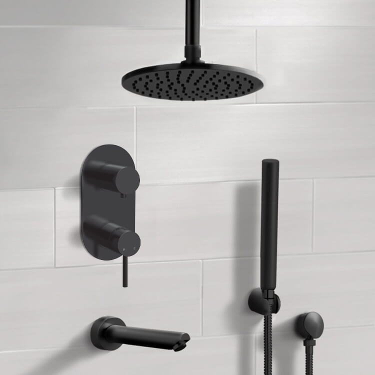 Matte Black Tub and Shower System With 8" Rain Ceiling Shower Head and Hand Shower