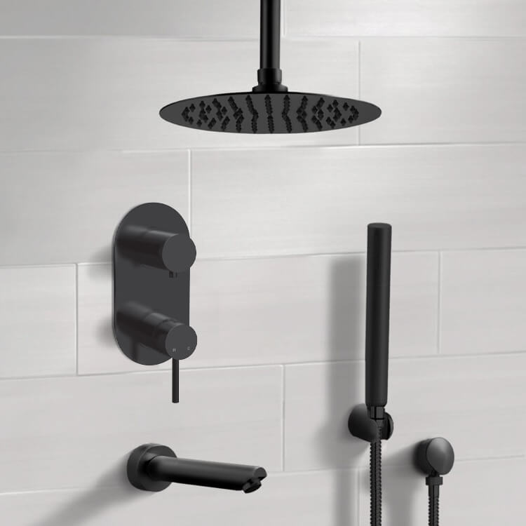 Matte Black Tub and Shower System With Rain Ceiling Shower Head and Hand Shower