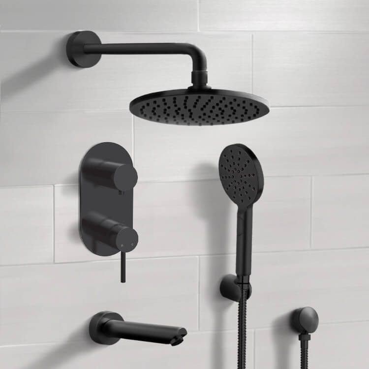 Matte Black Tub and Shower System With 8" Rain Shower Head and Hand Shower