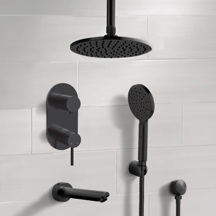 Matte Black Tub and Shower System With 8" Rain Ceiling Shower Head and Hand Shower