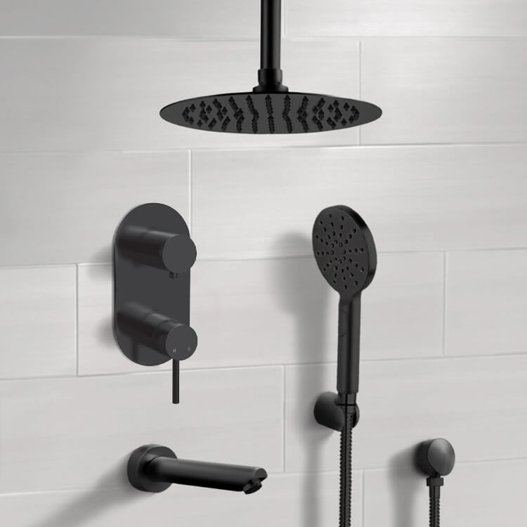 Matte Black Tub and Shower System With Rain Ceiling Shower Head and Hand Shower