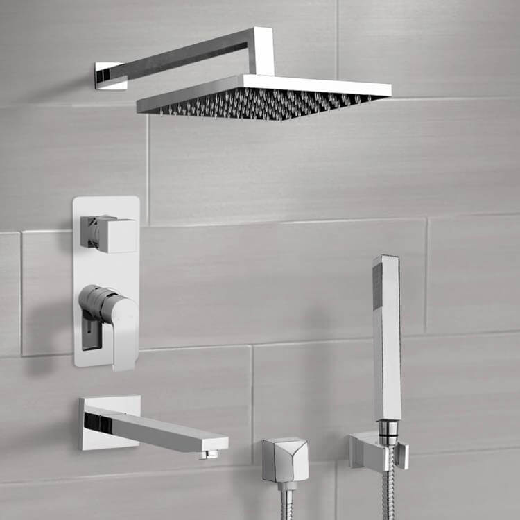 Chrome Tub and Shower System With 12" Rain Shower Head and Hand Shower