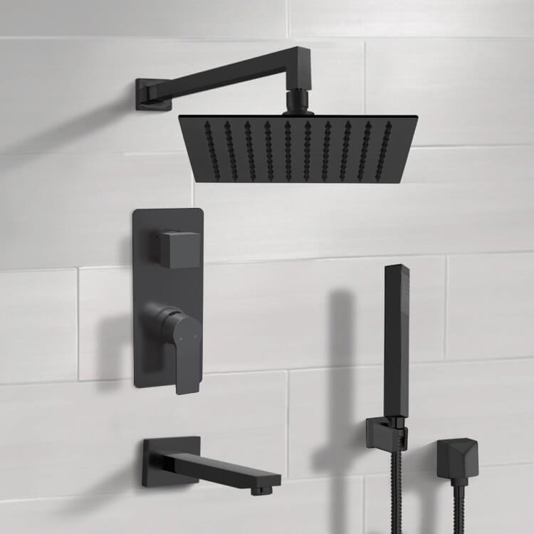 Matte Black Tub and Shower System With 12" Rain Shower Head and Hand Shower