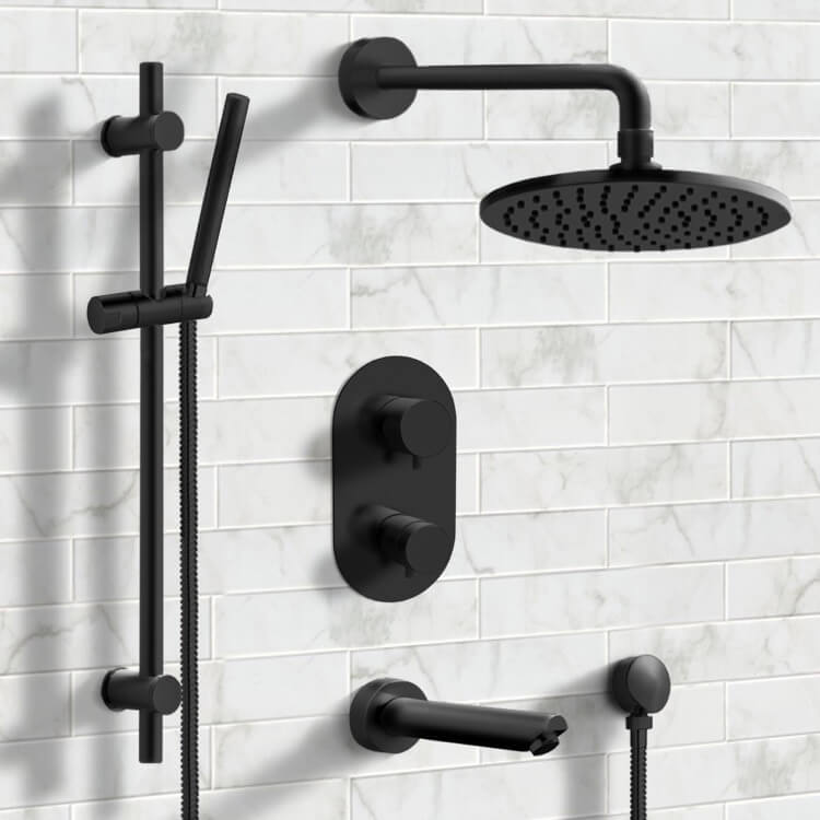 Matte Black Thermostatic Tub and Shower System with 8" Rain Shower Head and Hand Shower