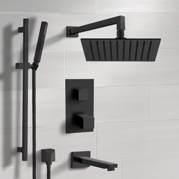 Matte Black Thermostatic Tub and Shower Faucet with 10" Rain Shower Head and Hand Shower