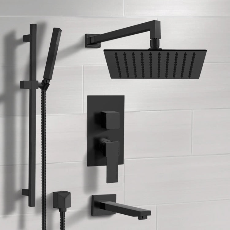 Matte Black Tub and Shower Faucet with 12" Rain Shower Head and Hand Shower