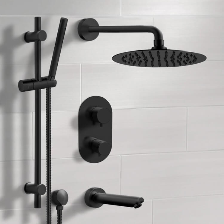 Matte Black Thermostatic Tub and Shower Faucet Set with 12" Rain Shower Head and Hand Shower