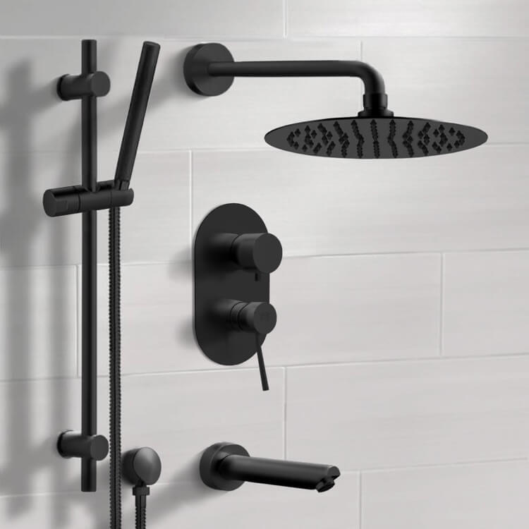 Matte Black Tub and Shower Faucet Set with 12" Rain Shower Head and Hand Shower