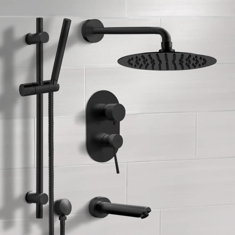 Matte Black Tub and Shower Faucet Set with Rain Shower Head and Hand Shower