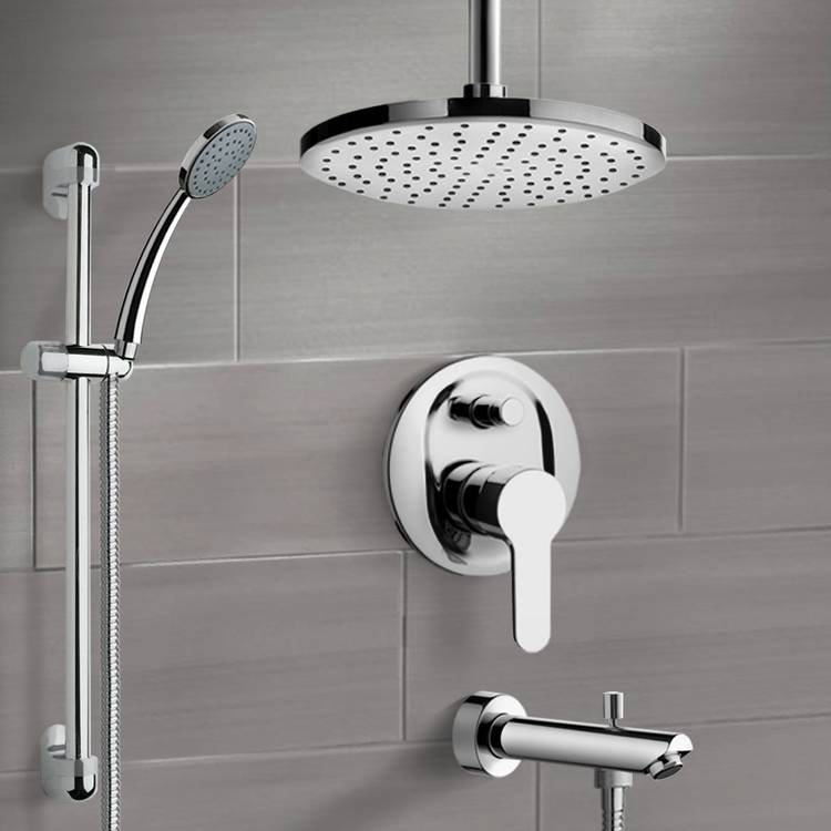 Chrome Tub and Shower Faucet Set with 10" Rain Ceiling Shower Head and Hand Shower