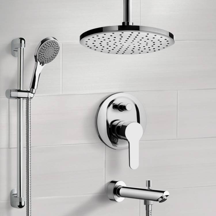 Chrome Tub and Shower Set with Rain Ceiling Shower Head and Hand Shower